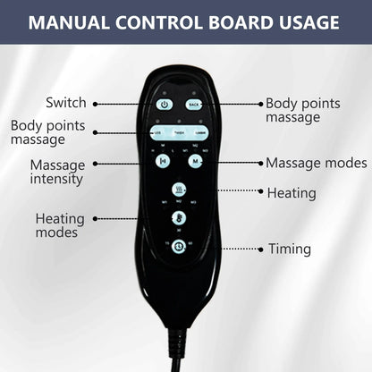 Black manual control board with labeled buttons for massage and heating functions on a white background.