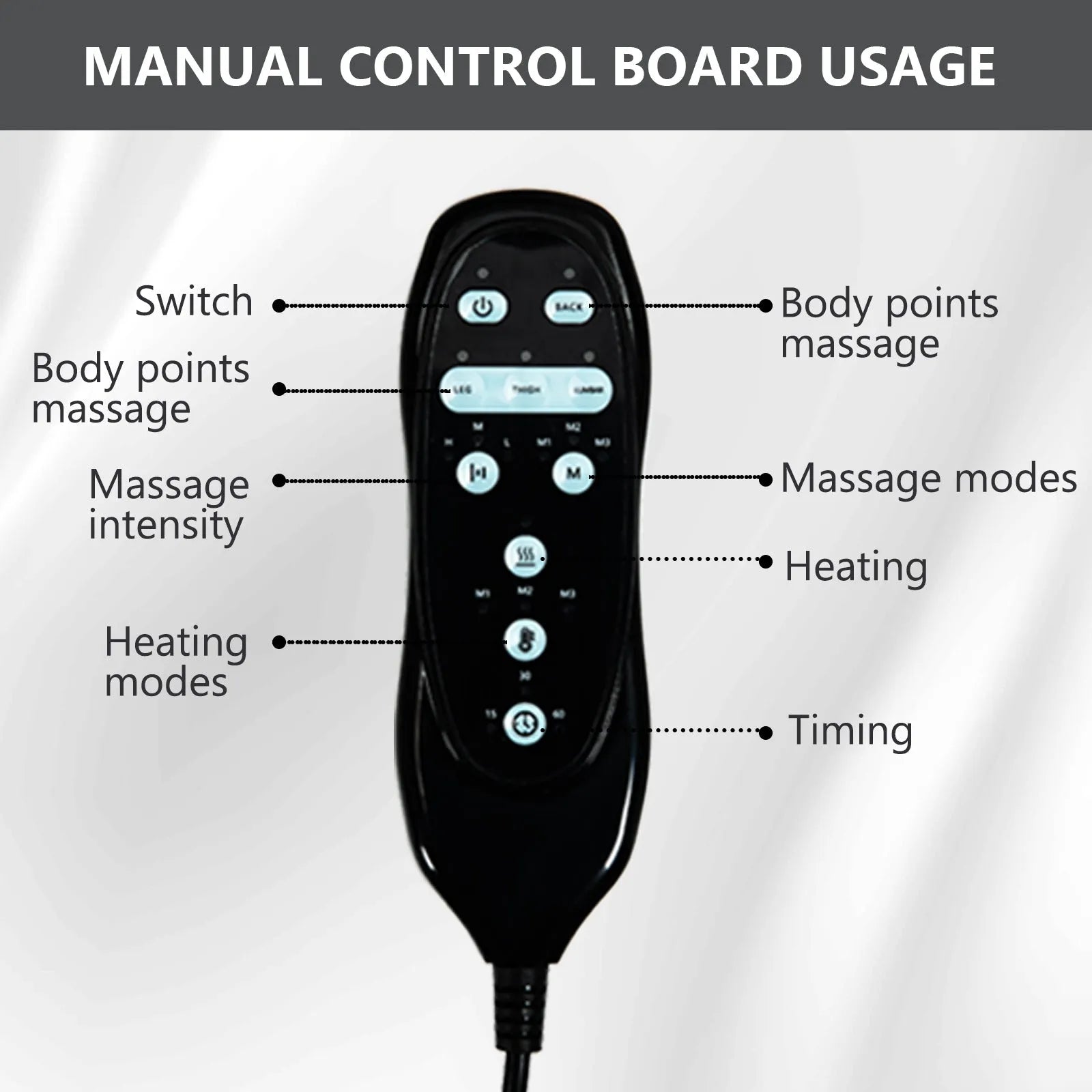 Black manual control board for massage therapy with labeled buttons on a gray background