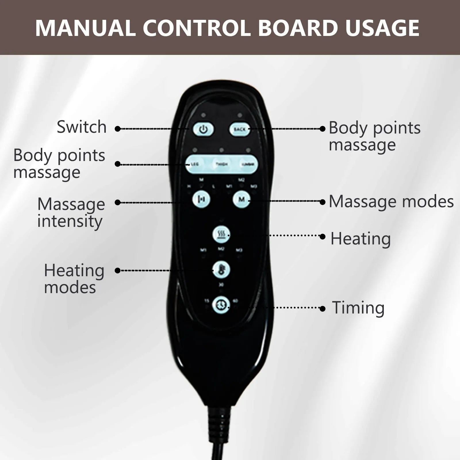 Black manual control board for massage and heat therapy with labeled buttons on a gray background