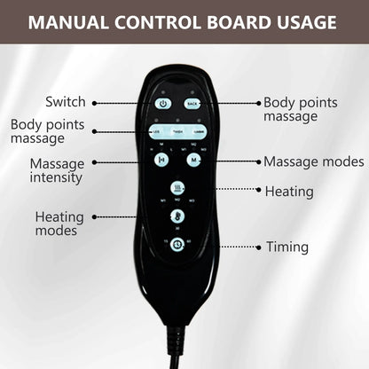 Black manual control board for massage and heat therapy with labeled buttons on a gray background