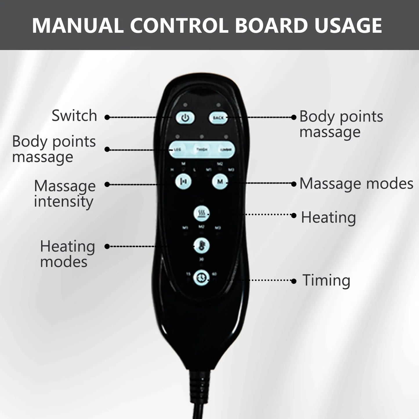 Black manual control board for massage  and heat therapy with labeled buttons on a gray background