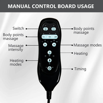 Black manual control board for massage  and heat therapy with labeled buttons on a gray background