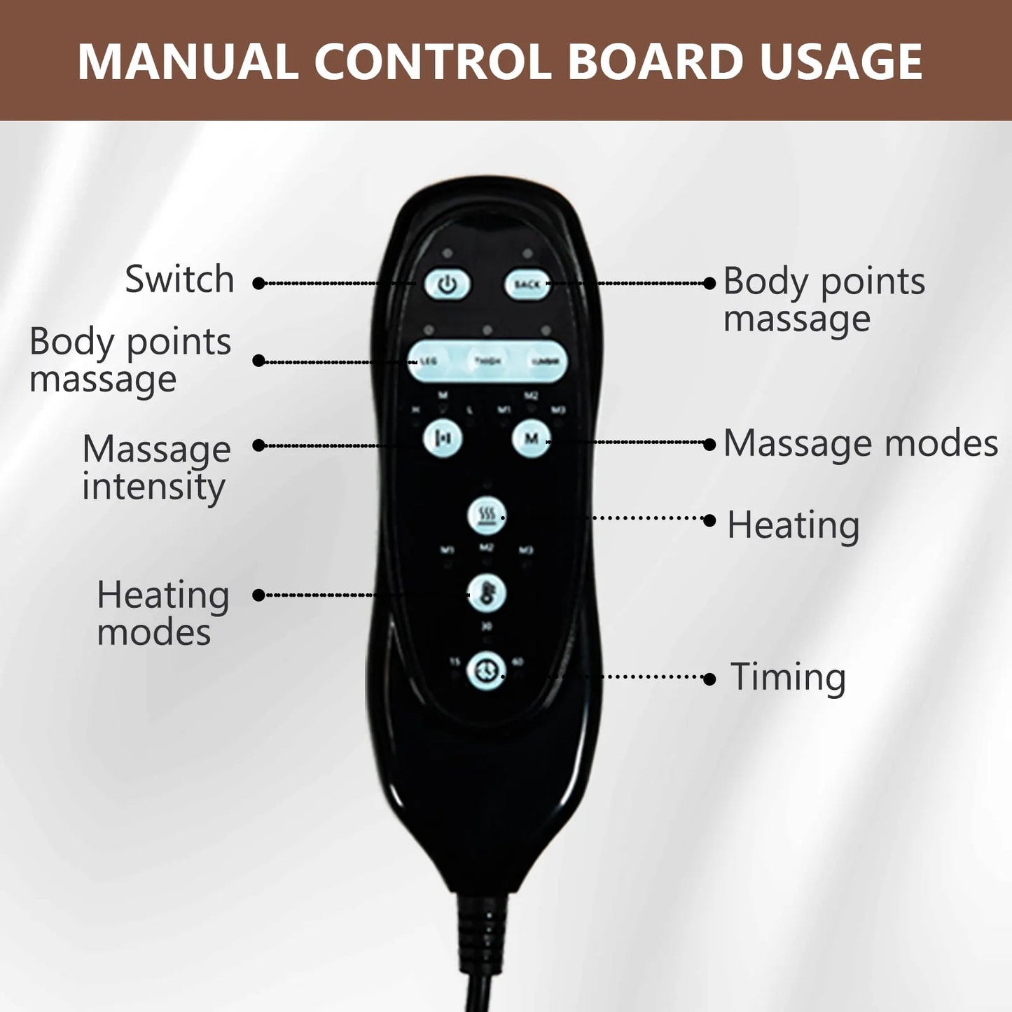 Black manual control board with labeled buttons for massage and heating functions on a gray background.