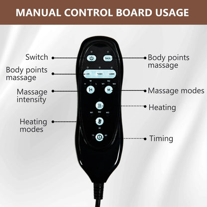 Black manual control board with labeled buttons for massage and heating functions on a gray background.