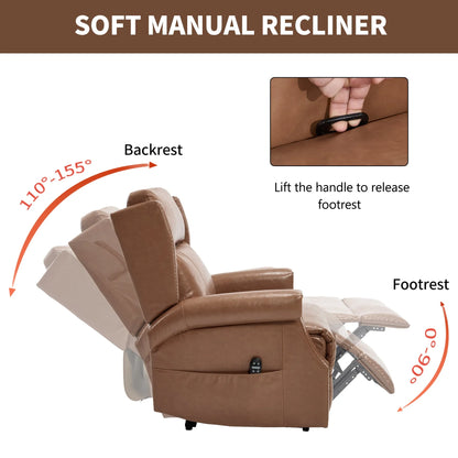 Brown recliner chair with labeled features on a white background