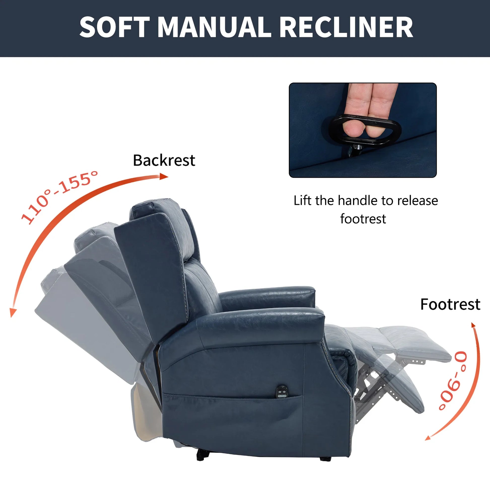 Blue recliner chair with labeled features and instructions on backrest and footrest adjustments.