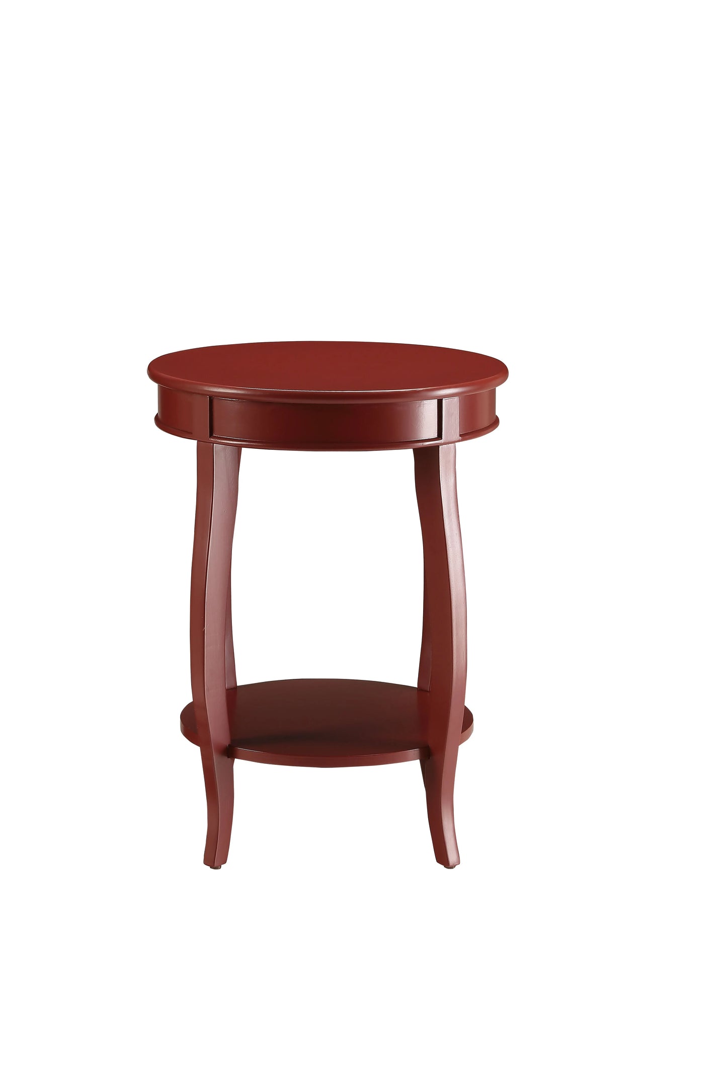 Round red wooden end table with a shelf on a white background