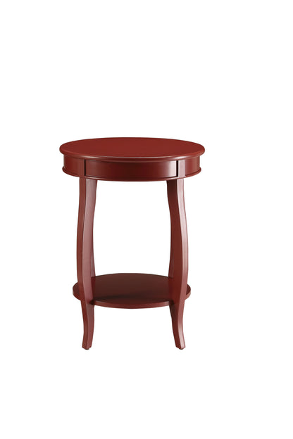 Round red wooden end table with a shelf on a white background