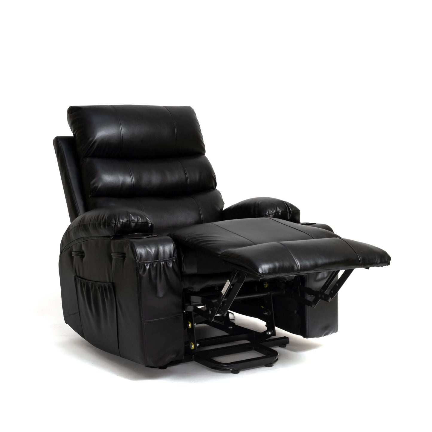Black faux leather power lift recliner chair with footrest up in fuill position on a white background