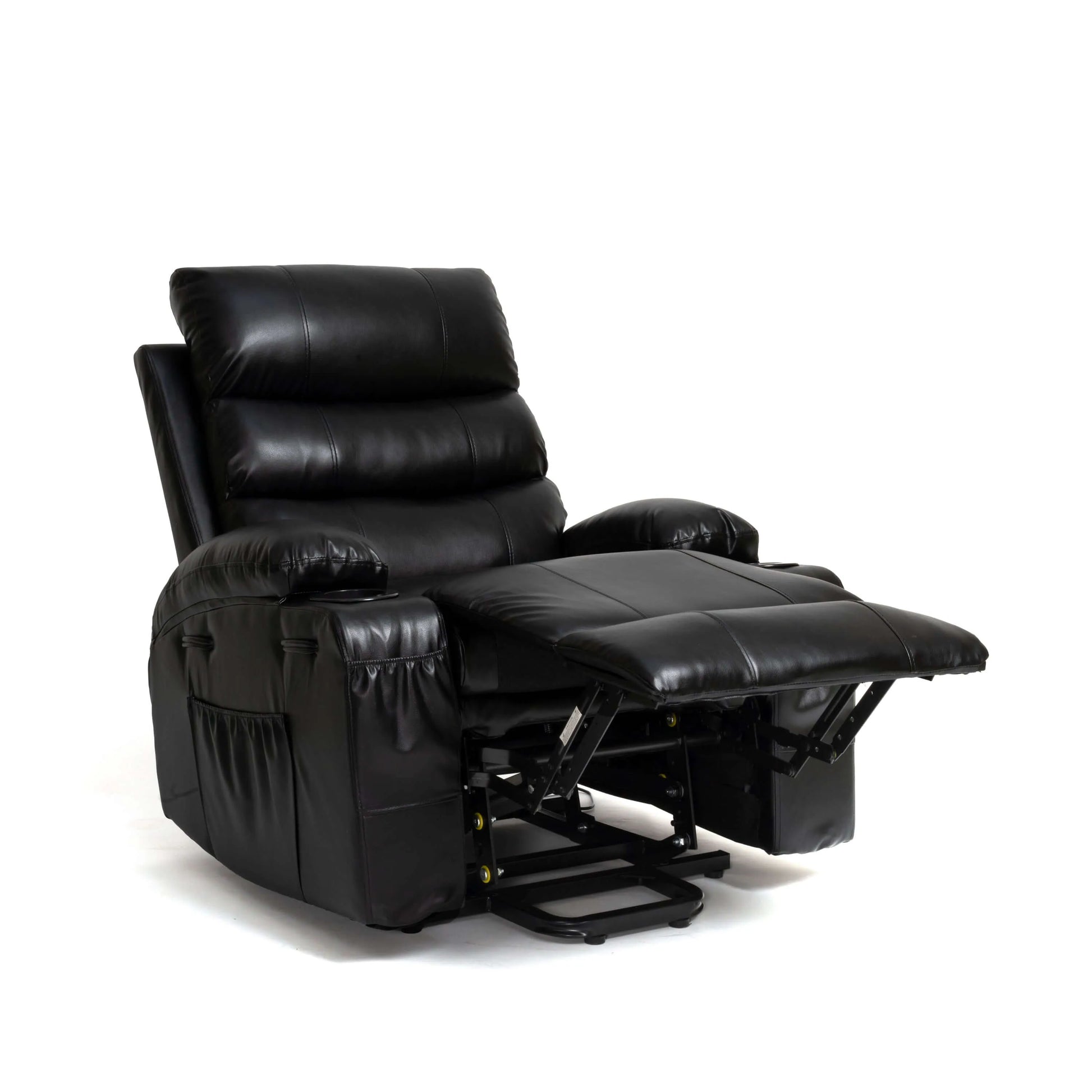 Black faux leather power lift recliner chair with footrest up in fuill position on a white background