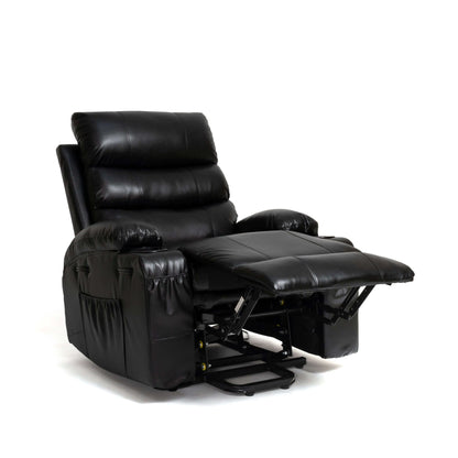 Black faux leather power lift recliner chair with footrest up in fuill position on a white background