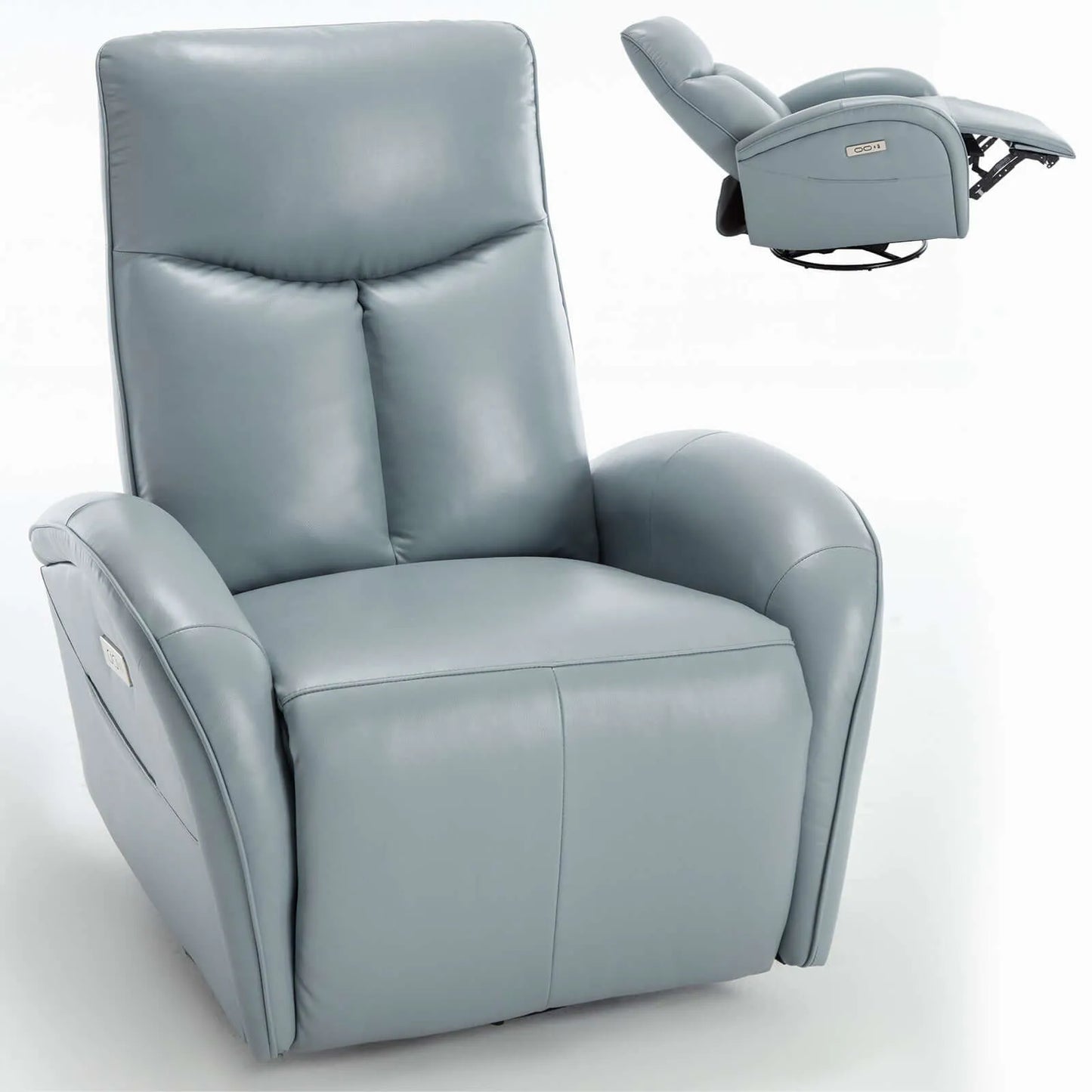 Blue recliner chair with a control panel on a white background