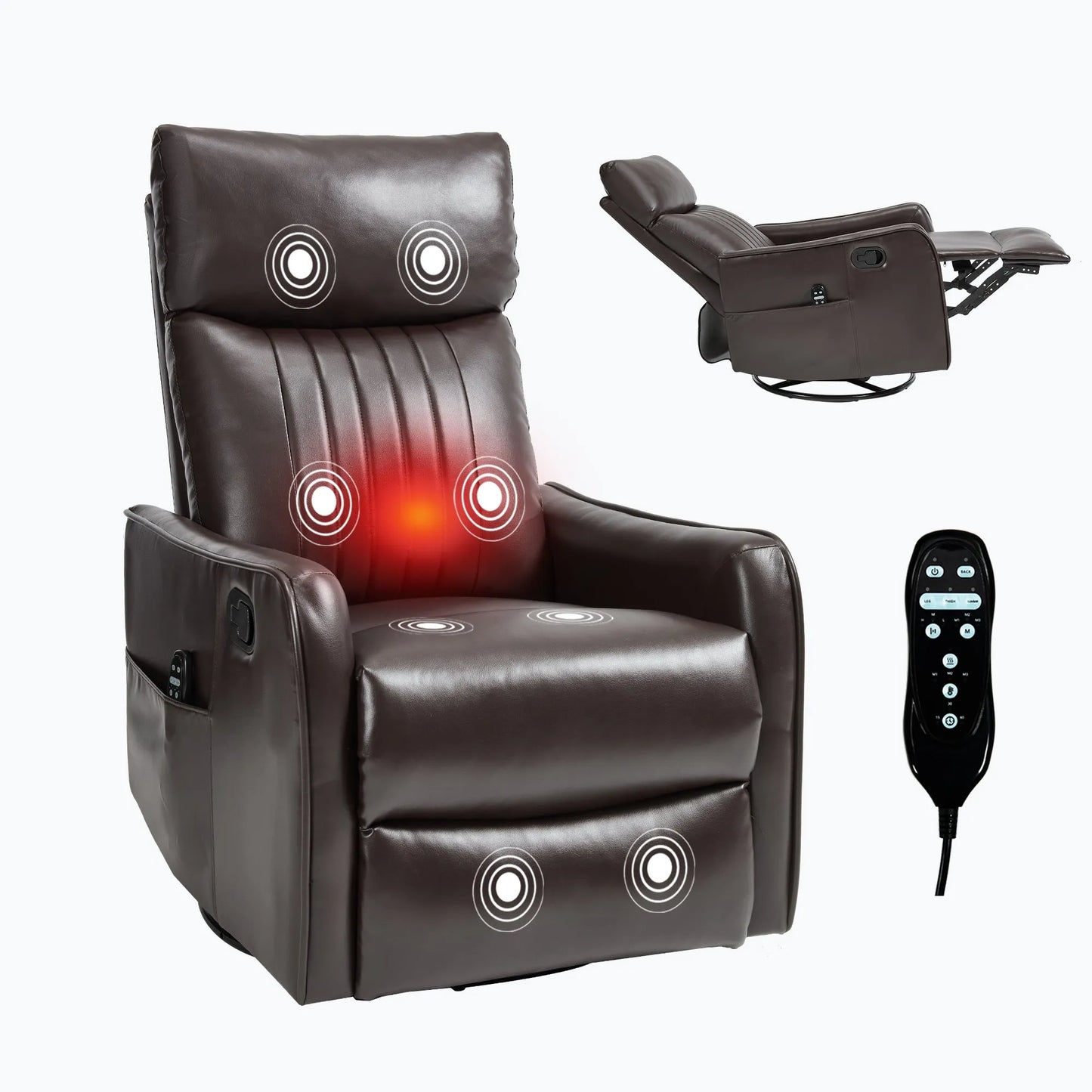 Brown massage recliner chair with heating and massage points, remote control on a white background