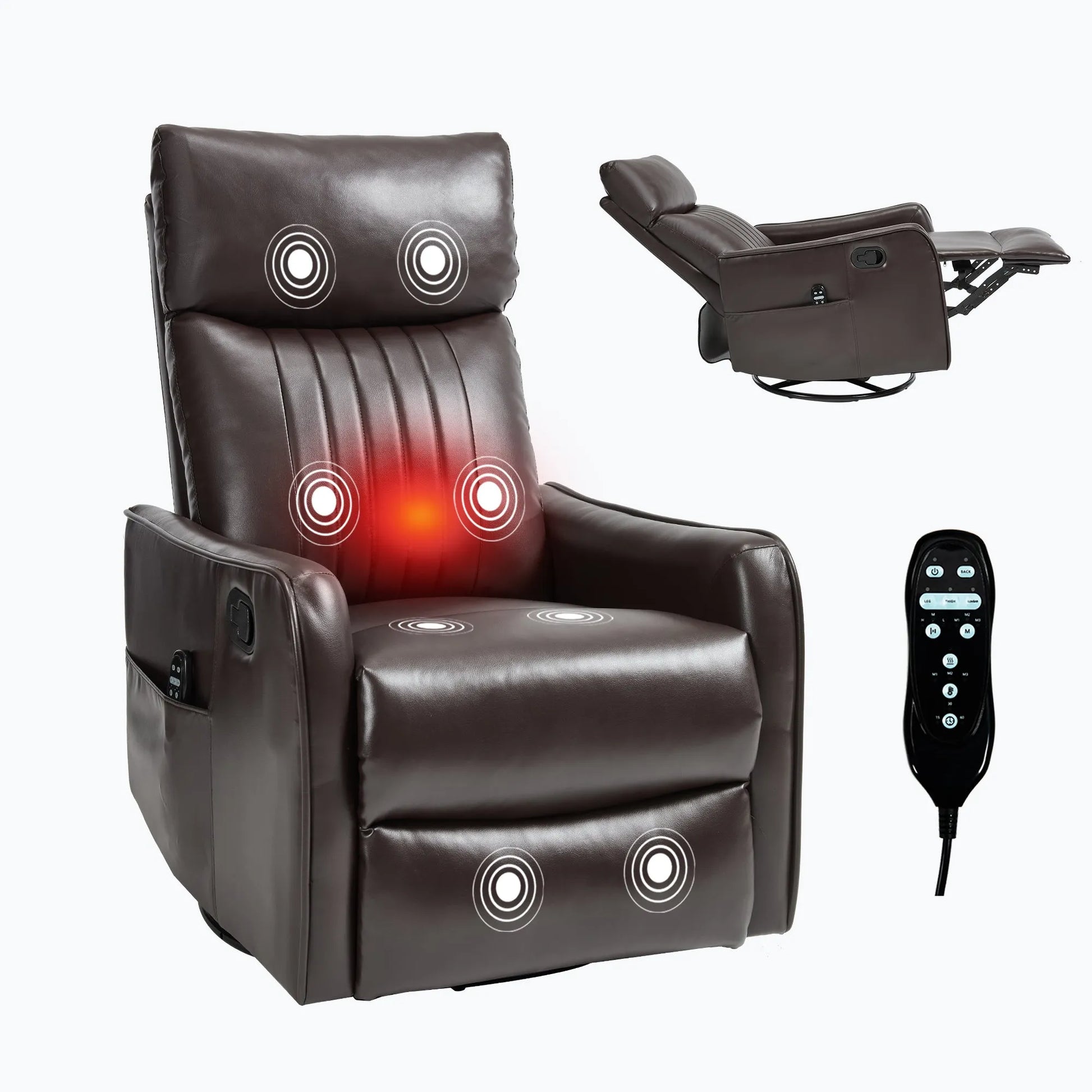Brown massage recliner chair with heating and massage points, remote control on a white background