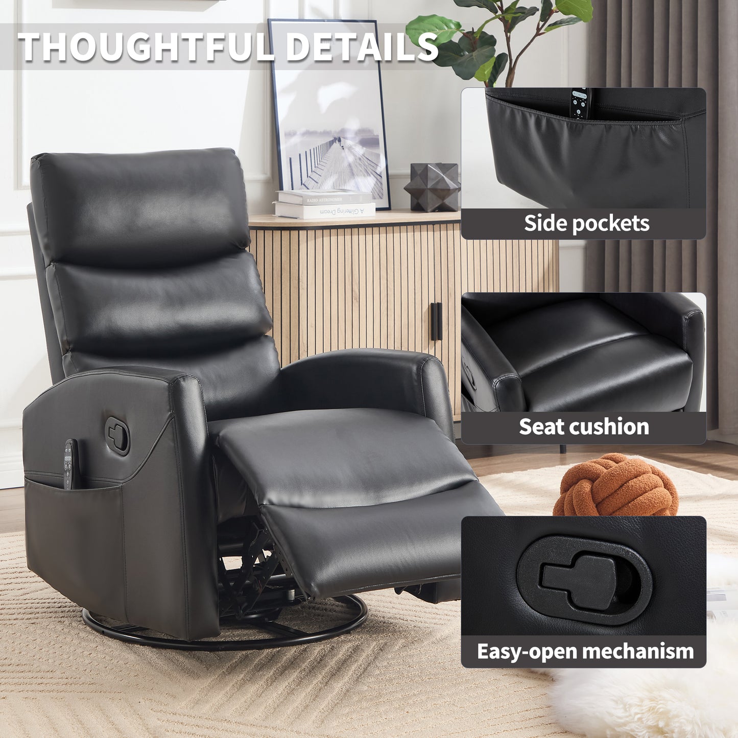 Black recliner chair with side pockets, seat cushion, and easy-open mechanism highlighted.