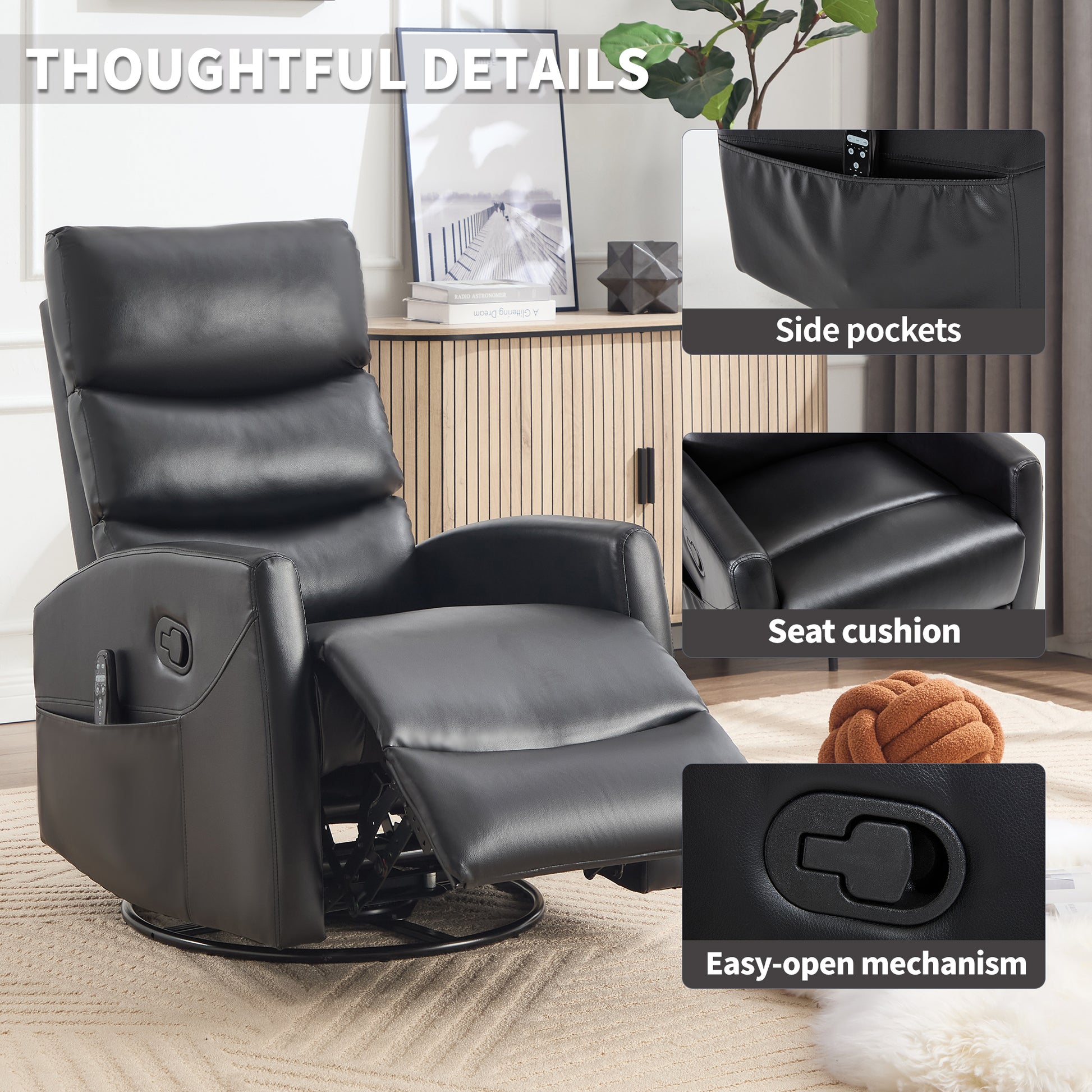 Black recliner chair with side pockets, seat cushion, and easy-open mechanism highlighted.