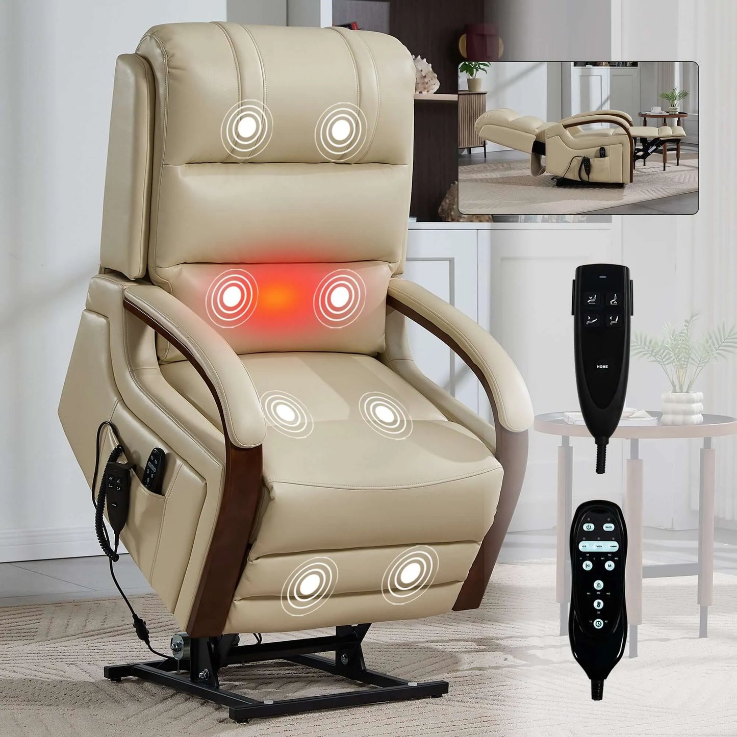 Beige faux leather massage and heat recliner lift chair with heating function and remote controls on a light background