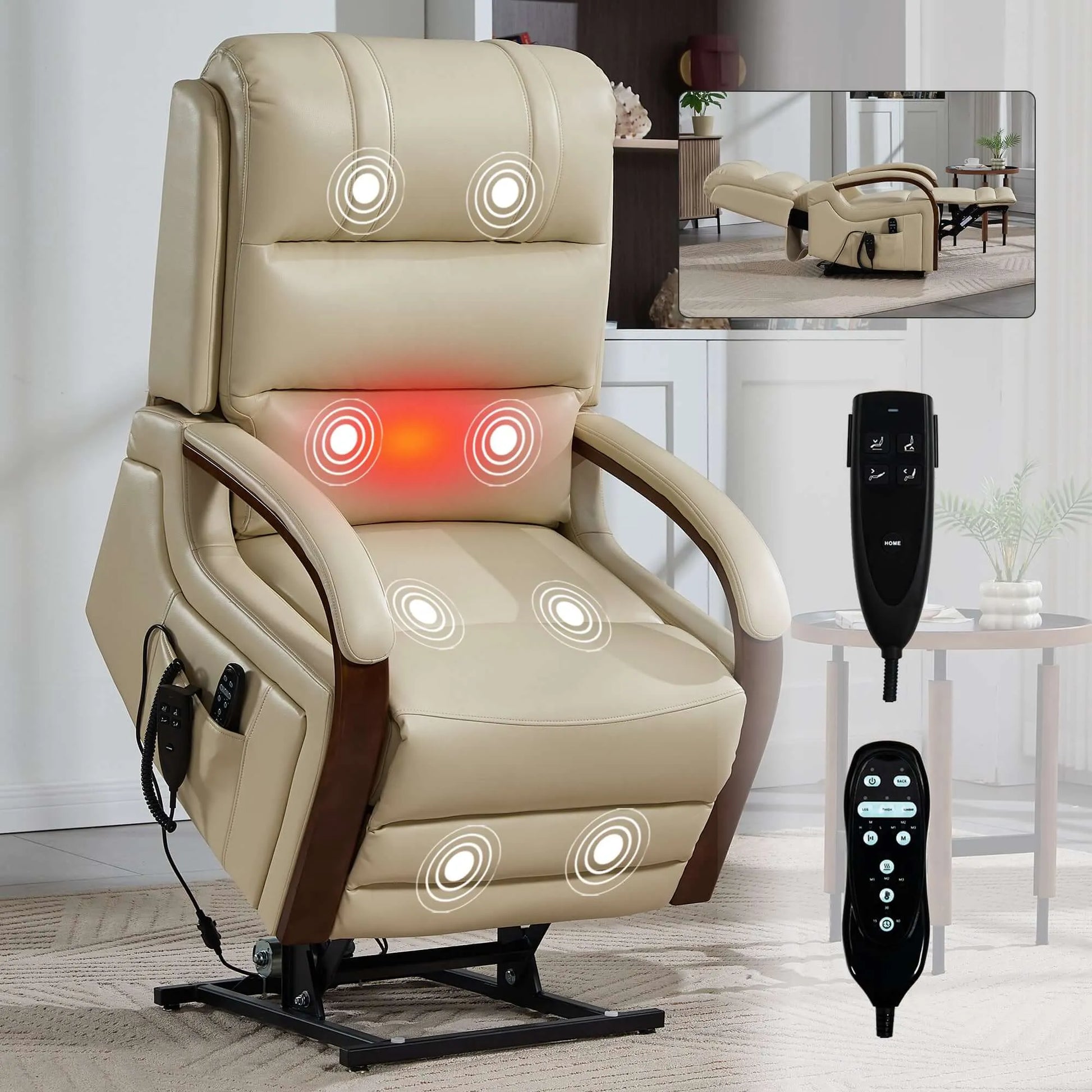 Beige faux leather massage and heat recliner lift chair with heating function and remote controls on a light background