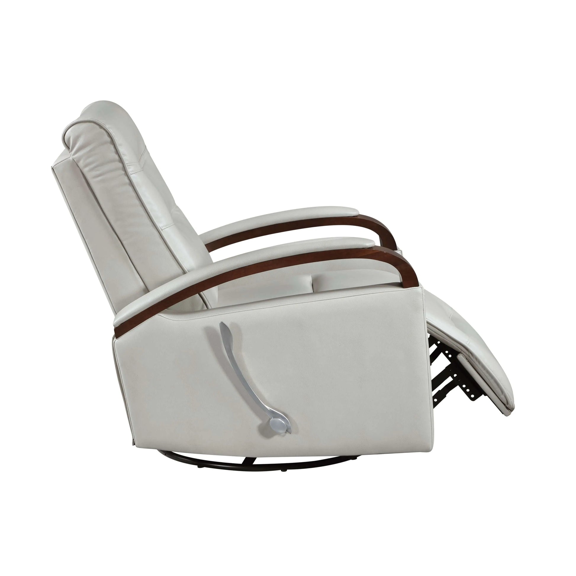 Side view of a gray recliner chair with brown armrests and footrest partially extended on a white background