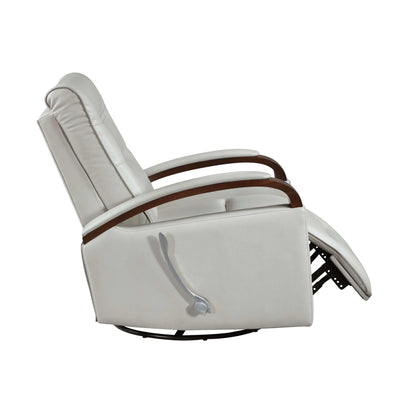 Side view of a gray recliner chair with brown armrests and footrest partially extended on a white background