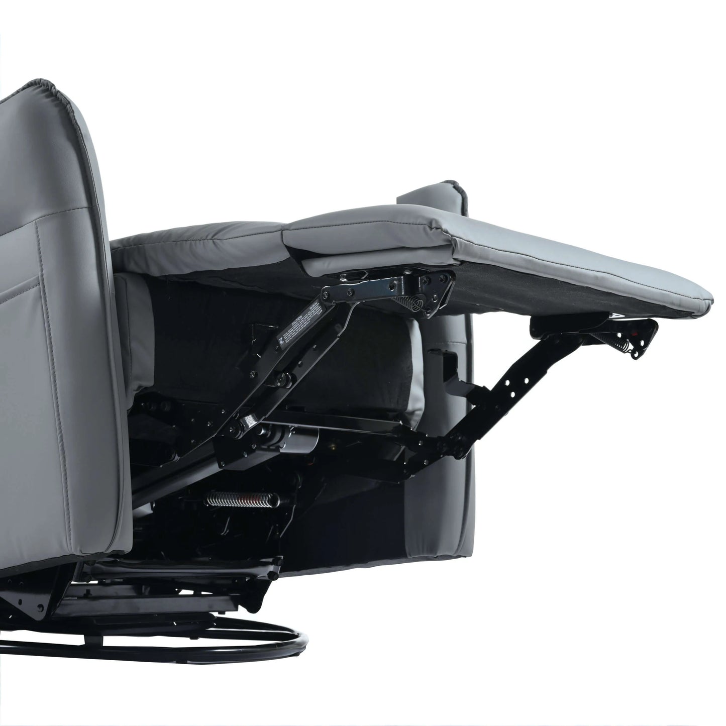 Close up of a blue gray recliner chair footrest mechanism on a white background