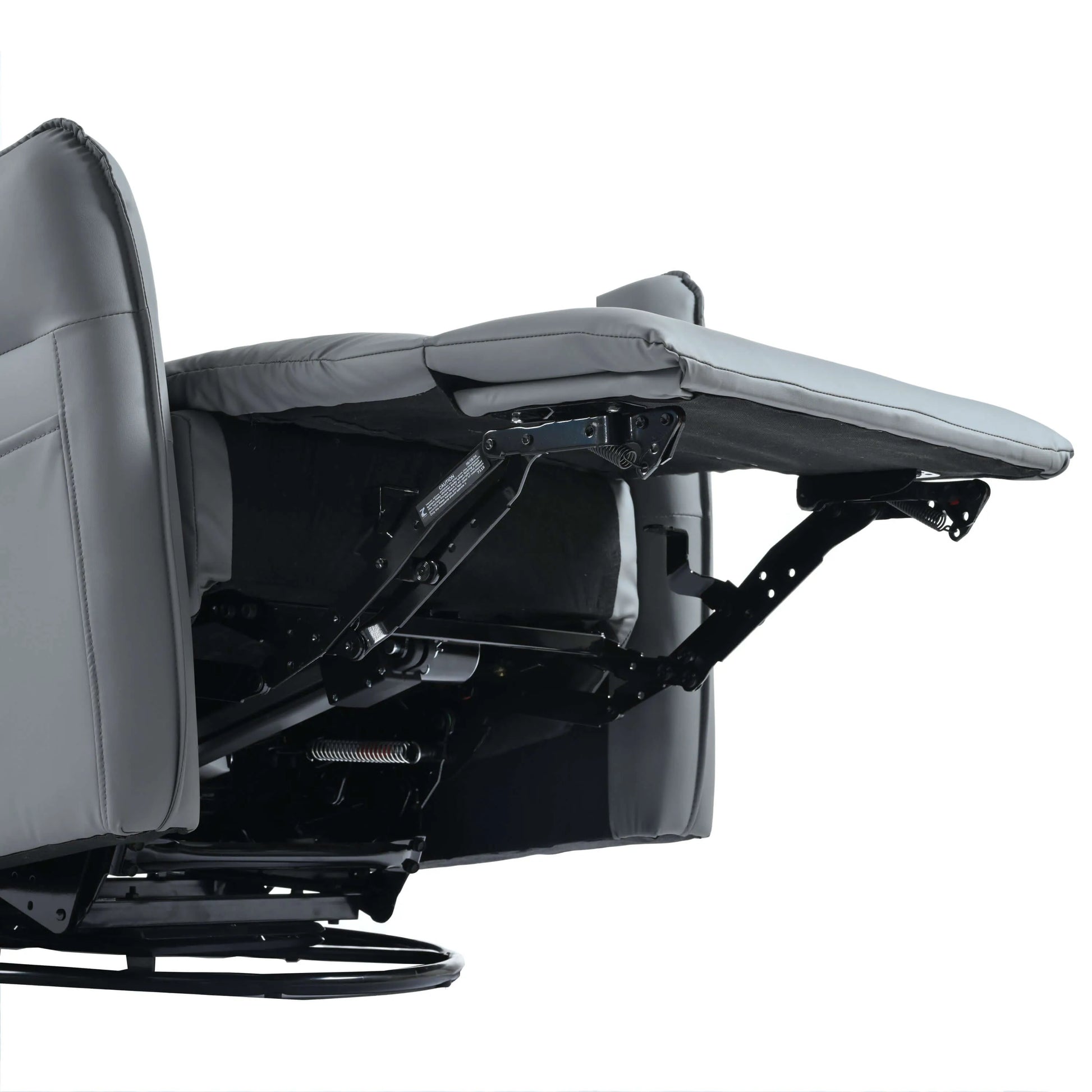 Close up of a blue gray recliner chair footrest mechanism on a white background