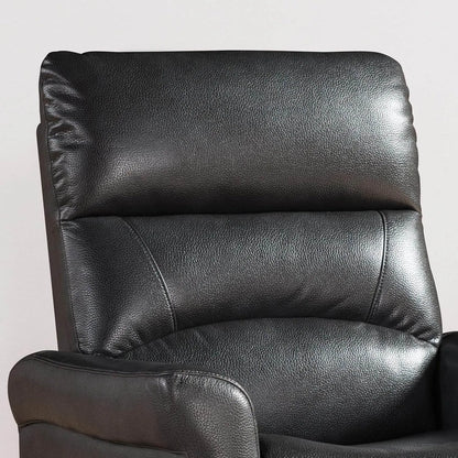Close-up of a black faux leather recliner chair on a light gray background