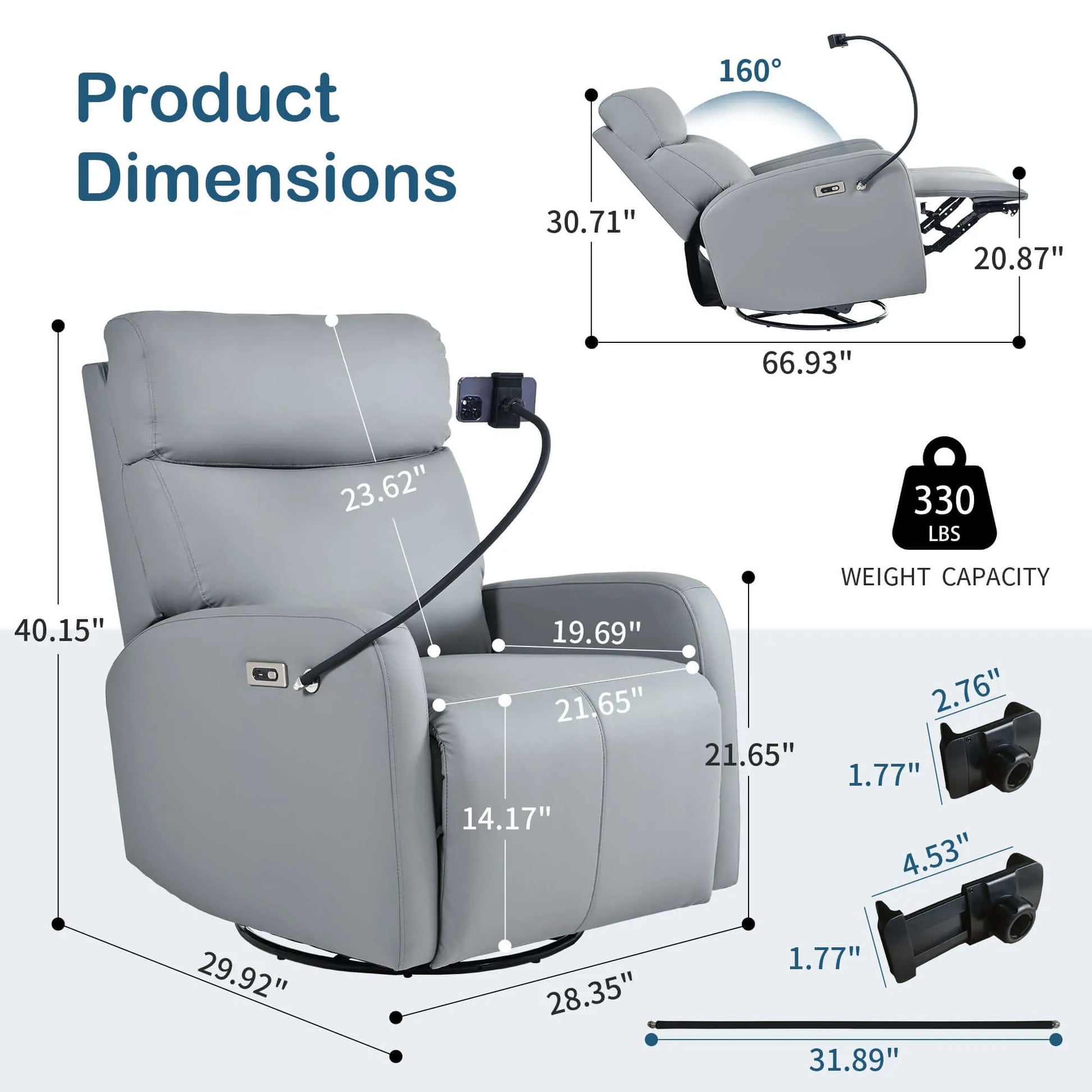 Gray recliner chair with detailed dimensions and weight capacity on a white background