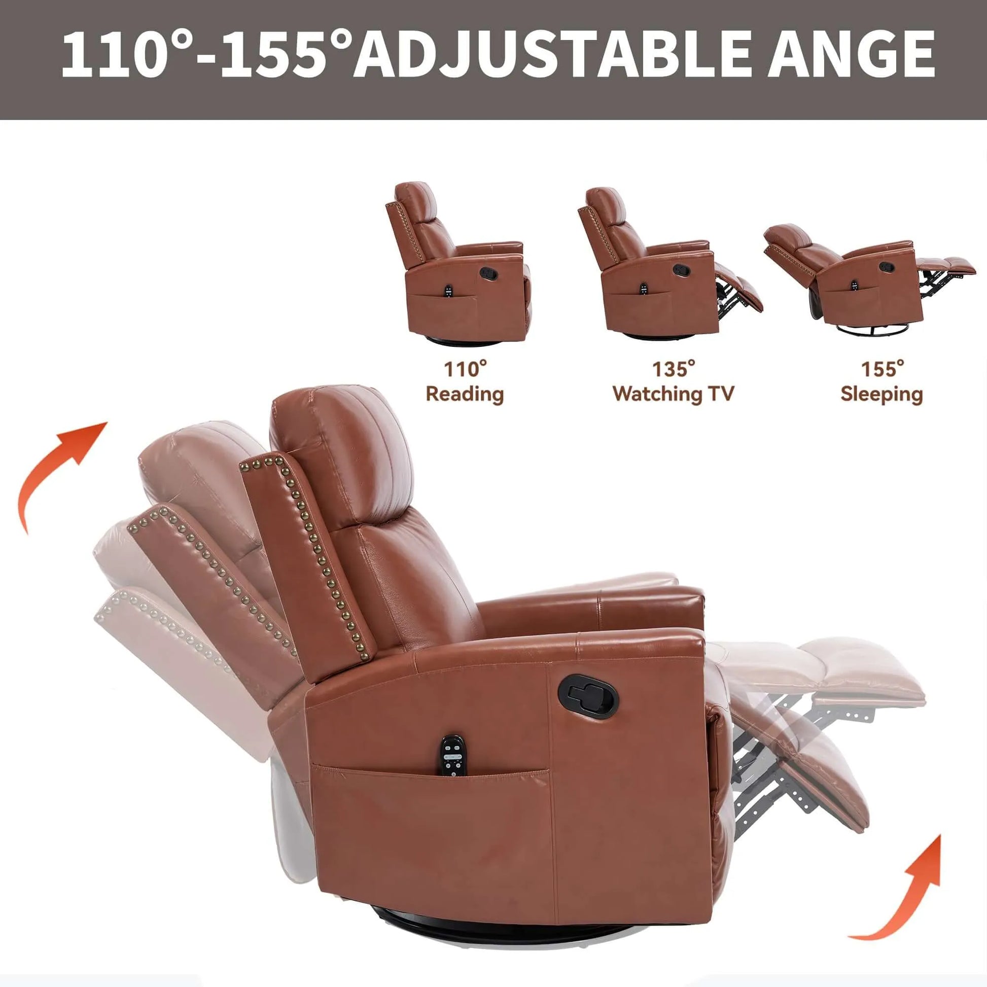 Brown recliner chair with adjustable angle indicators on a white background