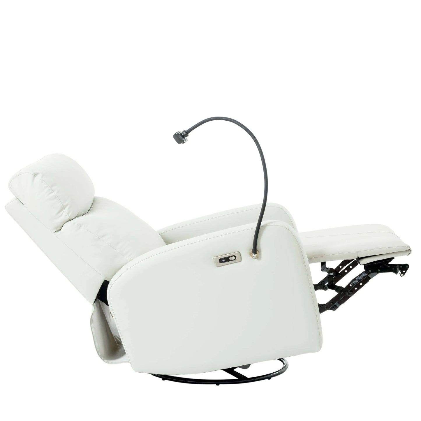 Fully reclined light gray swivel massage recliner chair with headrest and armrests on a white background