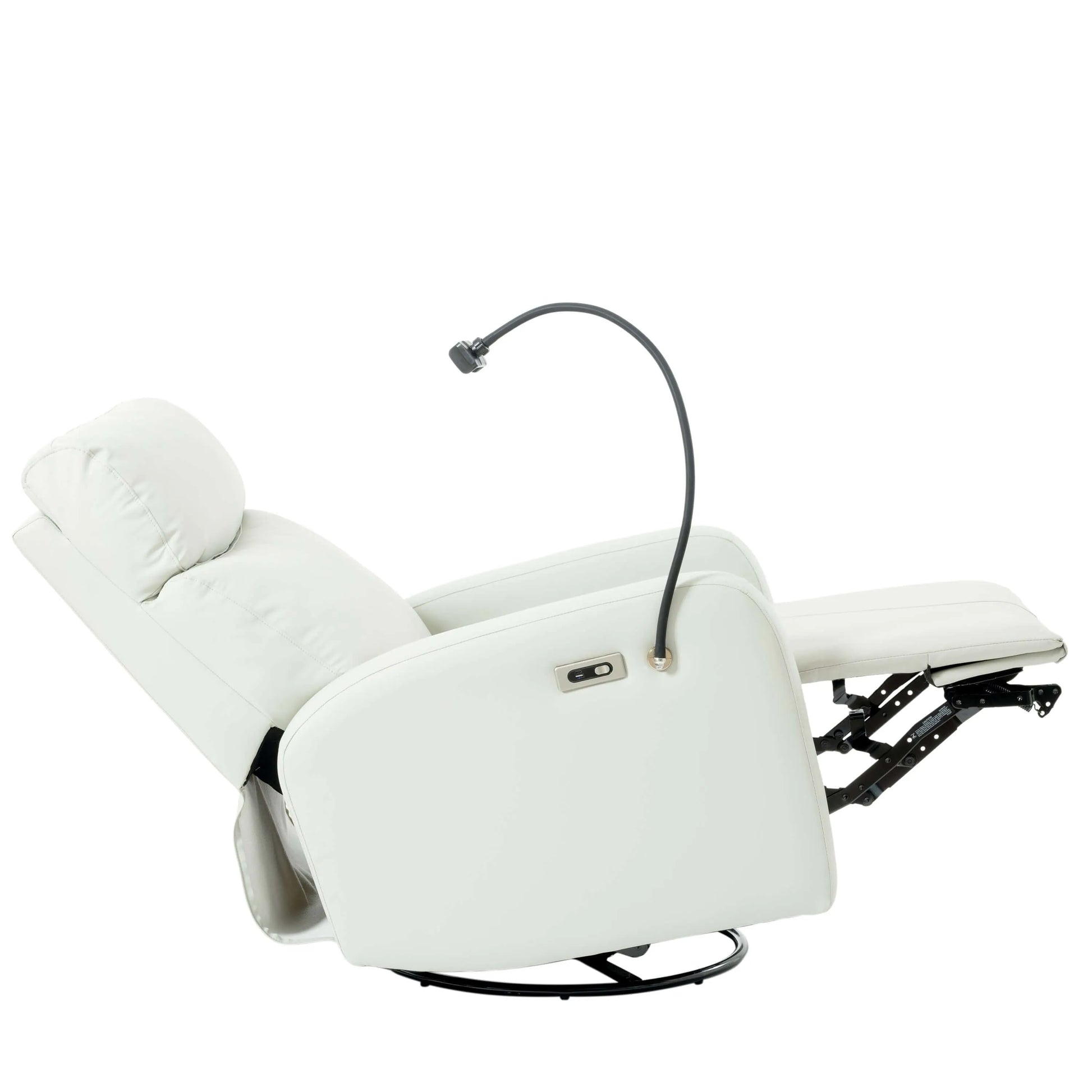 Fully reclined light gray swivel massage recliner chair with headrest and armrests on a white background