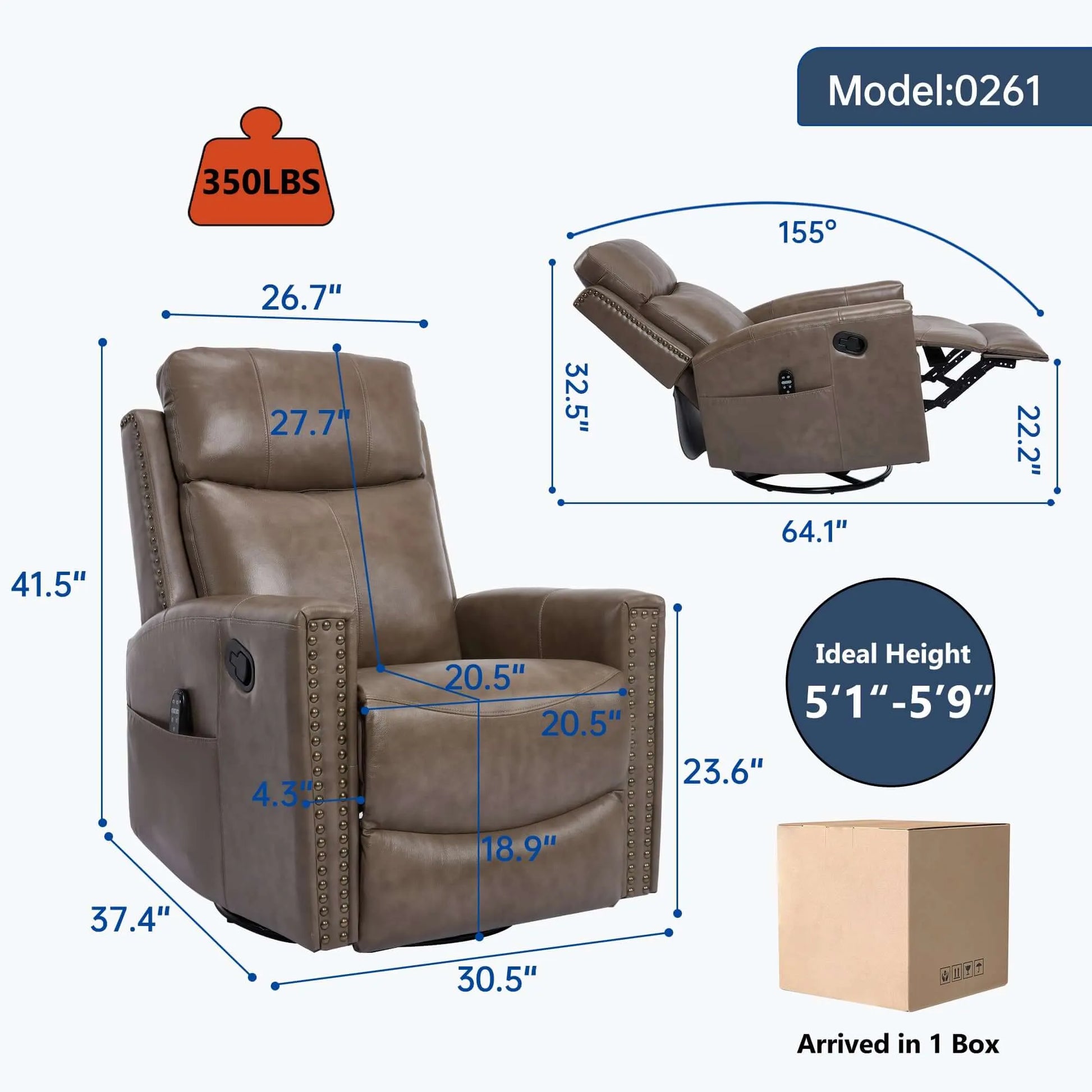 Brown recliner chair with dimensions and weight capacity details on a white background