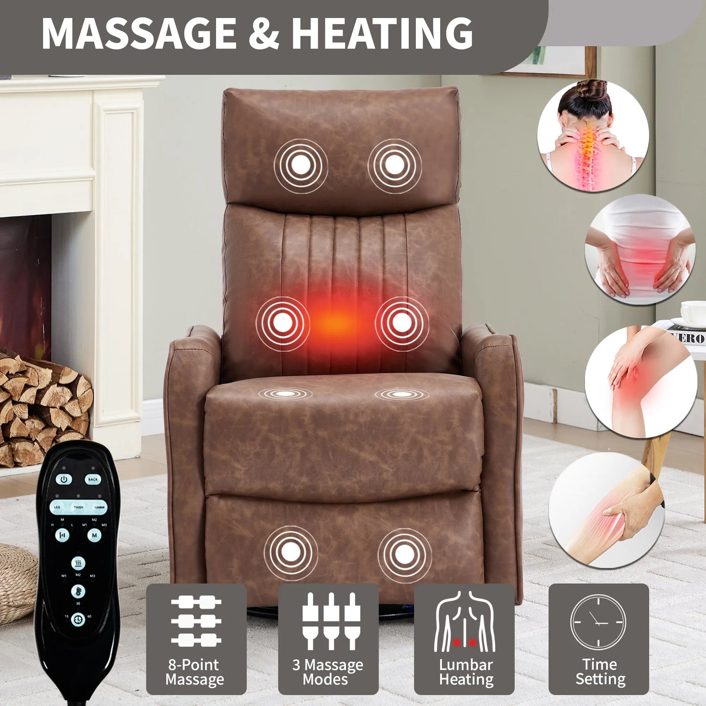 Brown massage and heating recliner chair with remote control in a living room setting.
