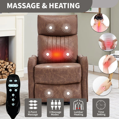 Brown massage and heating recliner chair with remote control in a living room setting.