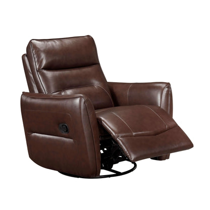 Brown leather recliner chair with footrest partially extended on a white background