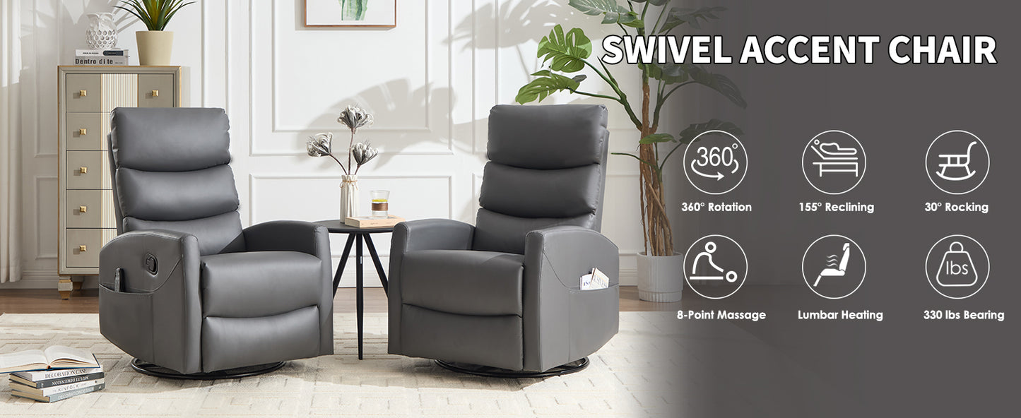 Gray swivel accent recliner chairs in a living room setting with product features highlighted.