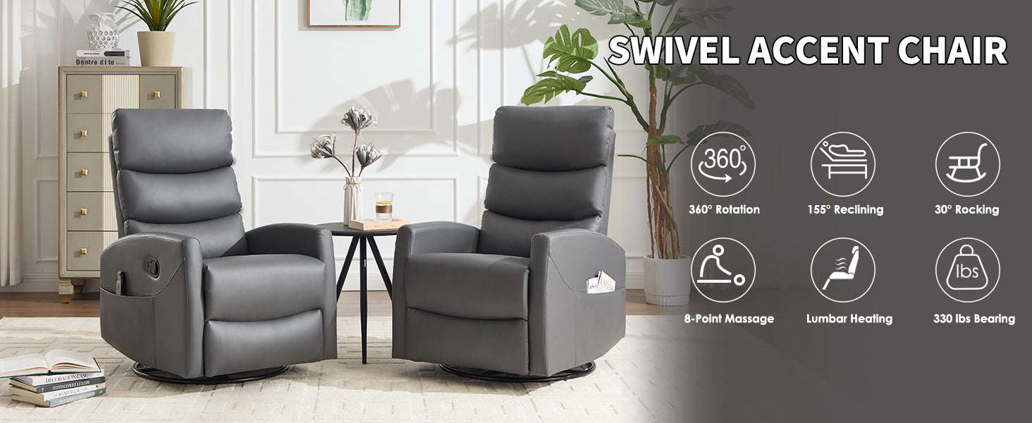 Gray swivel accent recliner chairs in a living room setting with product features highlighted.
