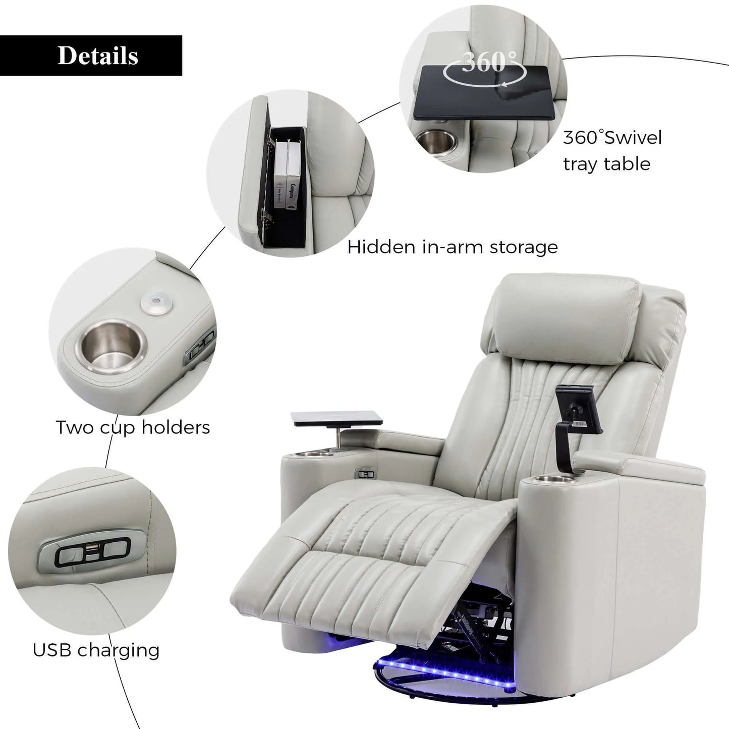 Gray recliner chair with features highlighted, including a 360-degree swivel tray table, hidden arm storage, two cup holders, and USB charging.
