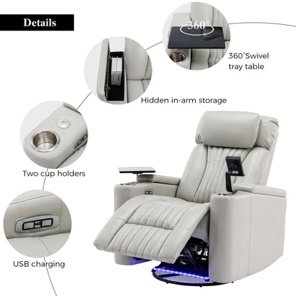 Gray recliner chair with features highlighted, including a 360-degree swivel tray table, hidden arm storage, two cup holders, and USB charging.