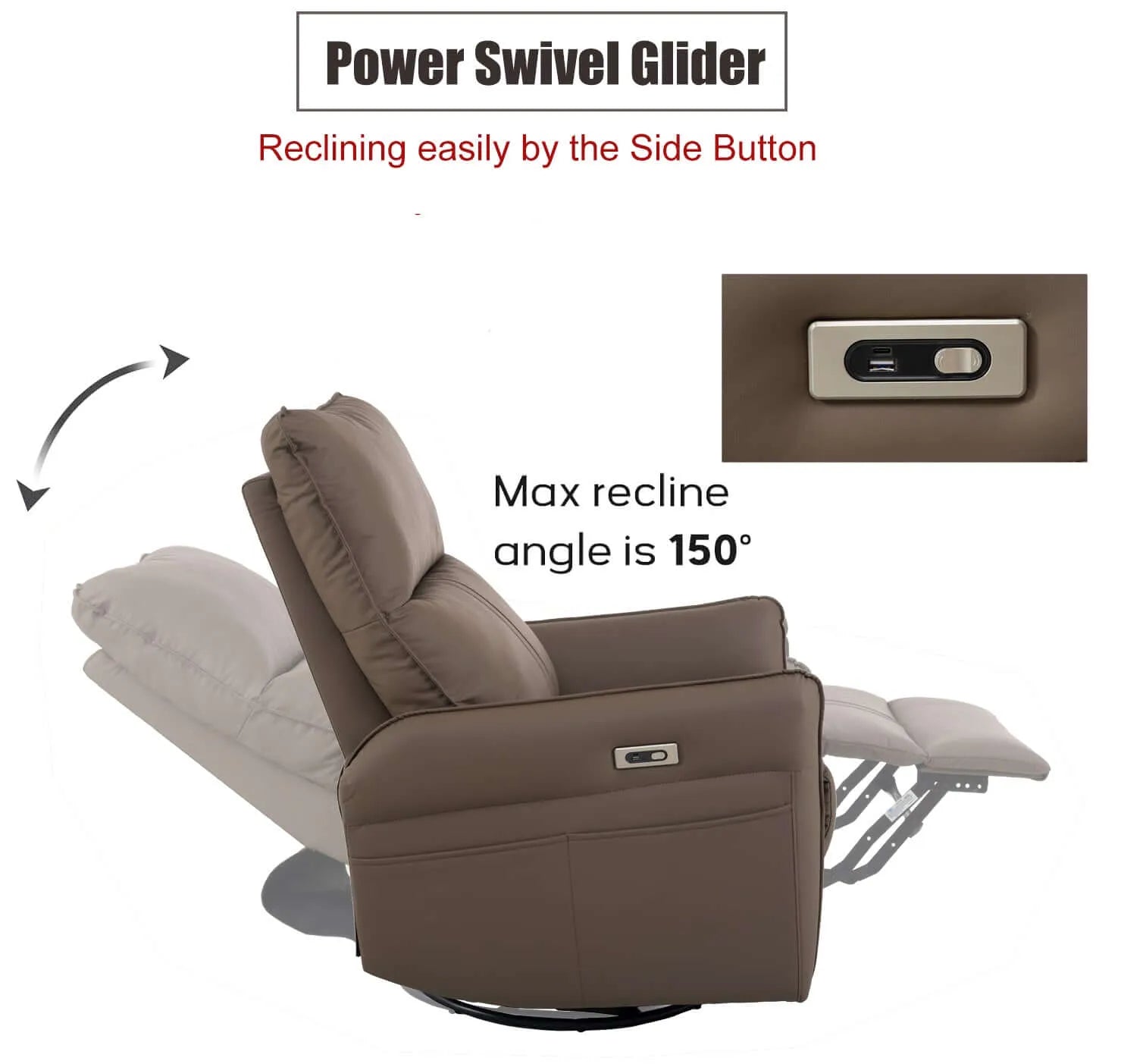 Brown recliner chair with power swivel glider feature on a white background