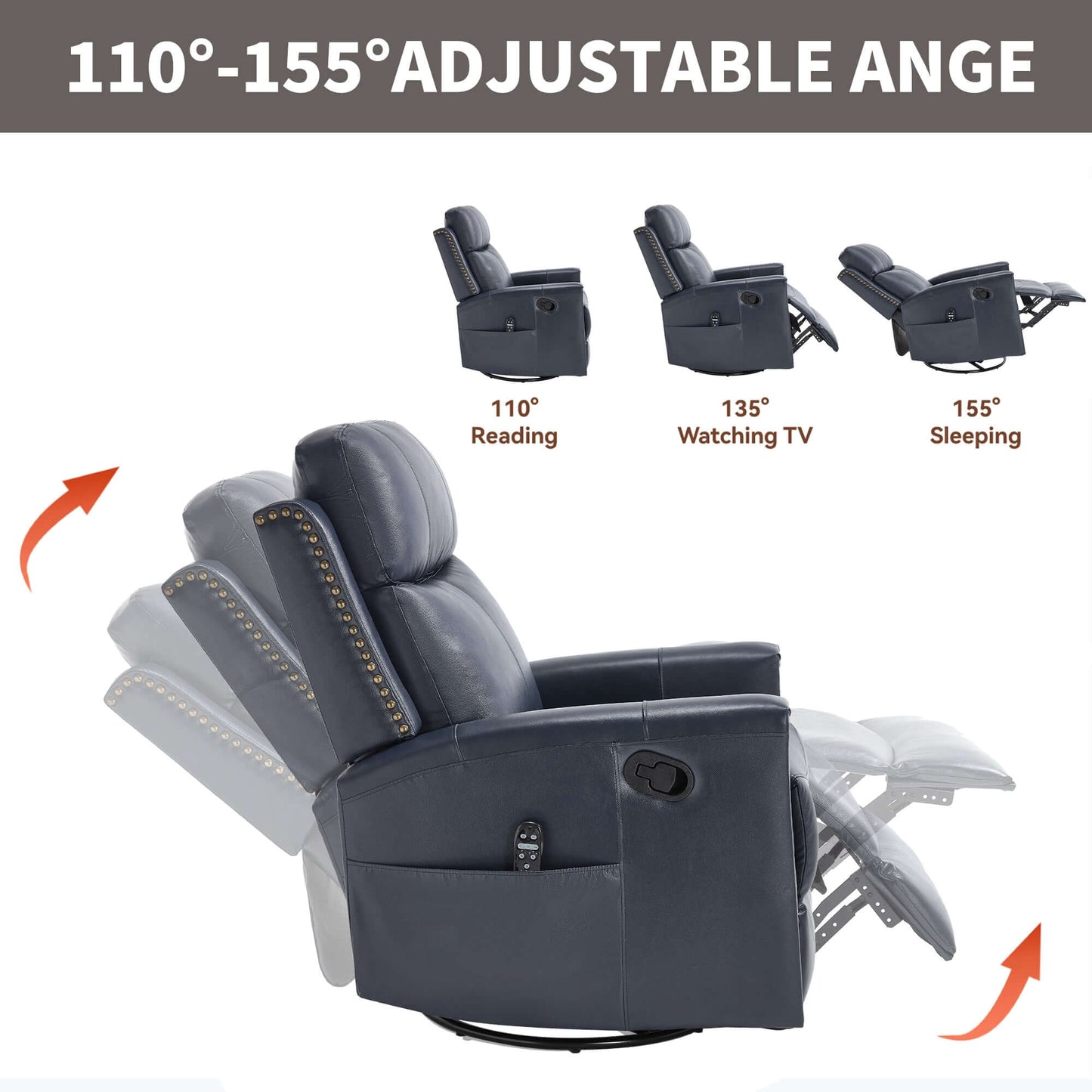 Blue Recliner w/ Heat, Massage, Rocker & Swivel – Manual
