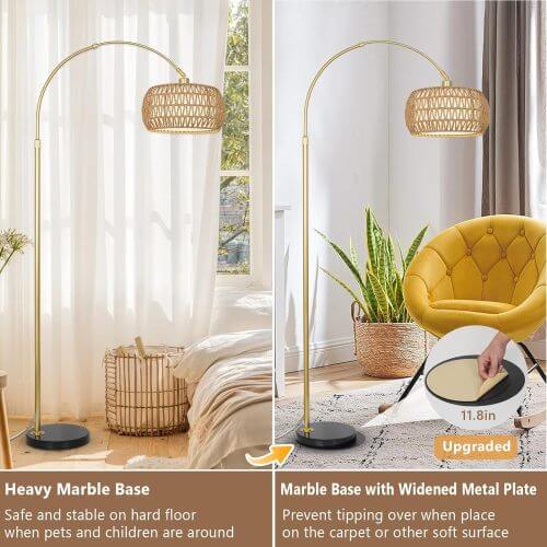 Boho Arc Floor Lamp with Remote, Dimmable LED & Rattan Shade – Gold