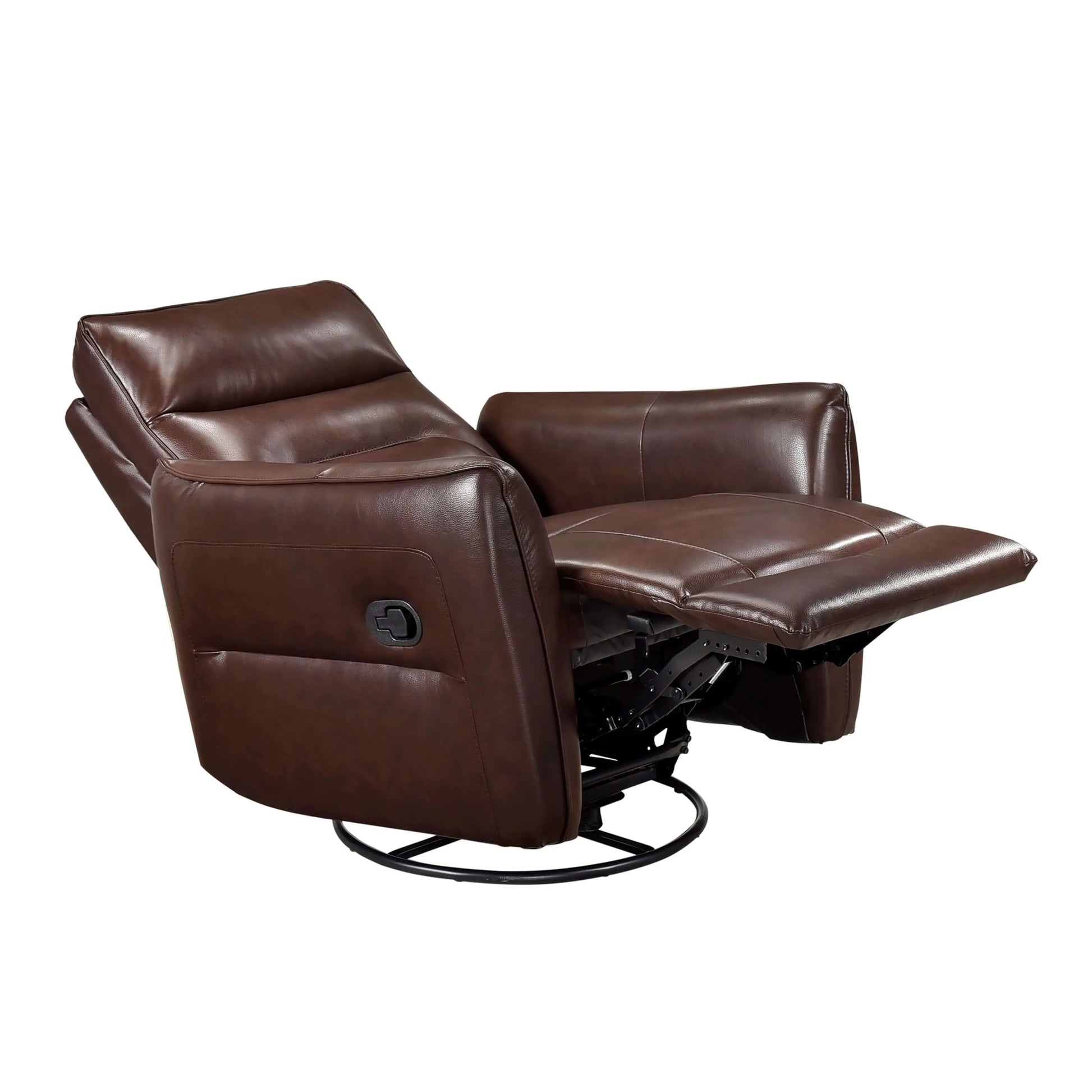 Fully reclined brown leather recliner chair on a white background