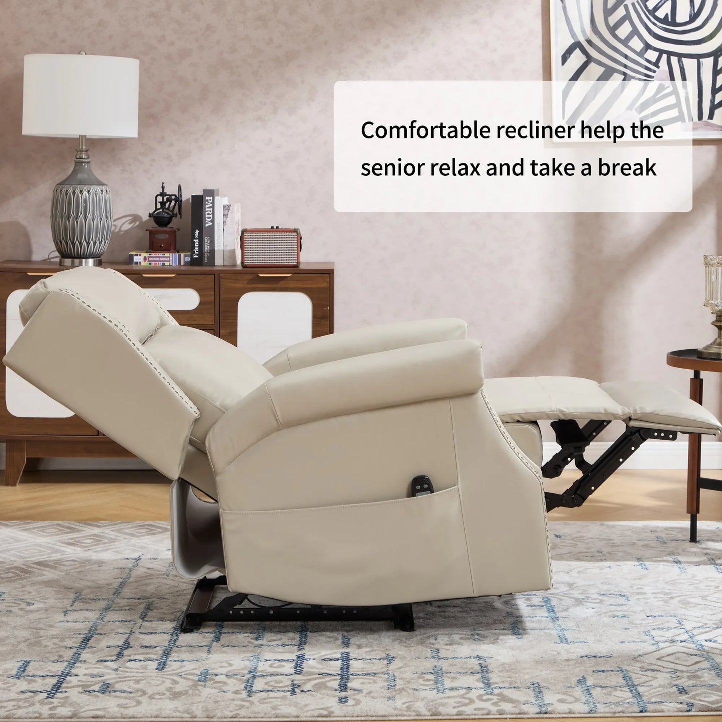 Beige recliner chair in a living room setting with text about its benefits.