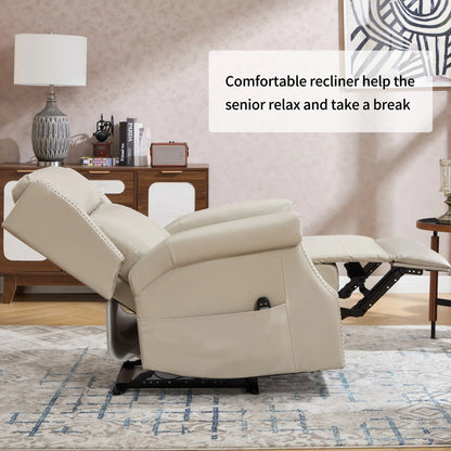 Beige recliner chair in a living room setting with text about its benefits.
