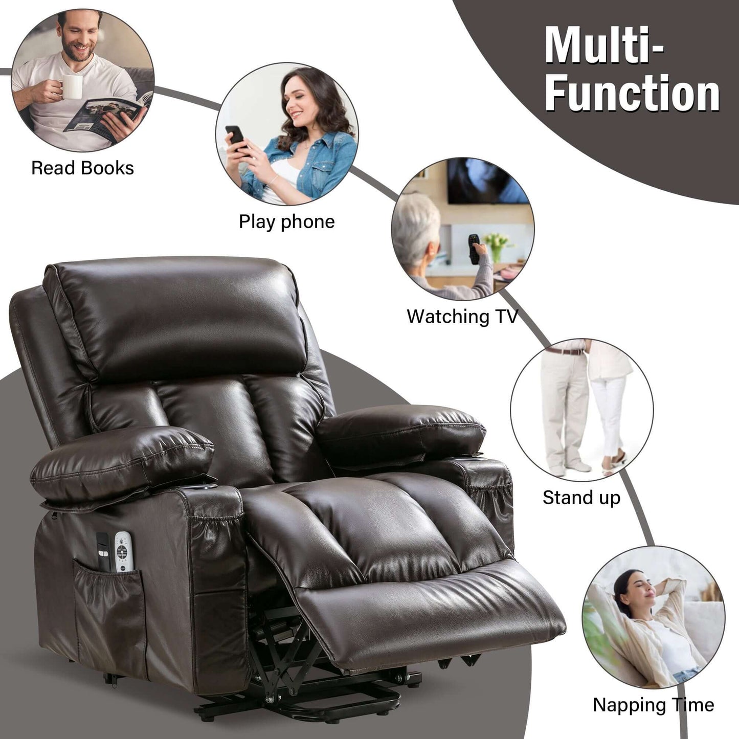 Power Electric massage lift lounge chair, suitable for the elderly, with heating and vibration functions,Fleece leather with USB, can be used for lying down-brown