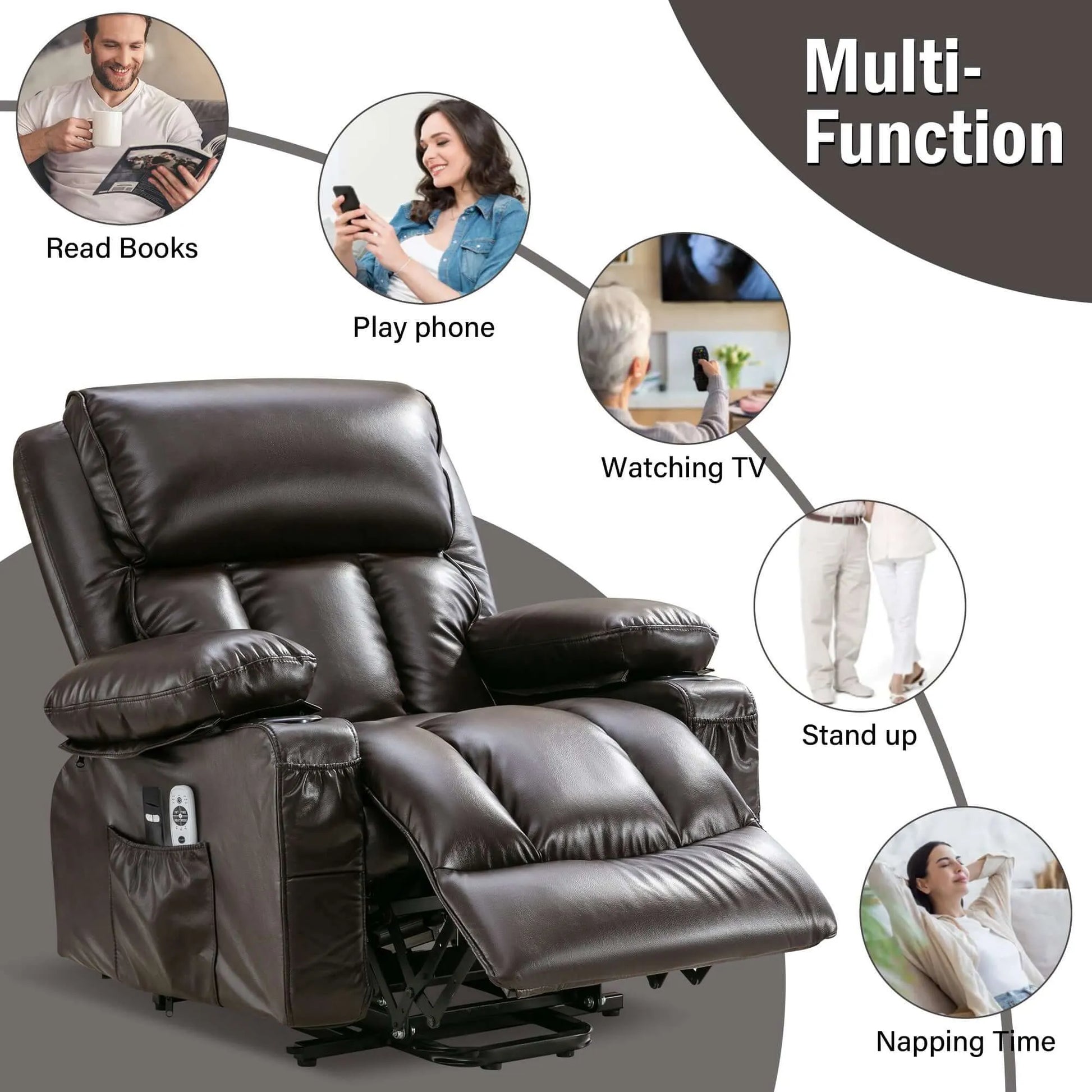 Brown leather recliner chair with multiple functions shown on a gray background