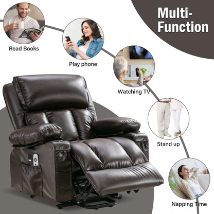 Brown leather recliner chair with multiple functions shown on a gray background