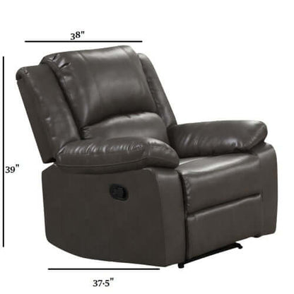 Gray faux leather recliner chair with dimensions on a white background
