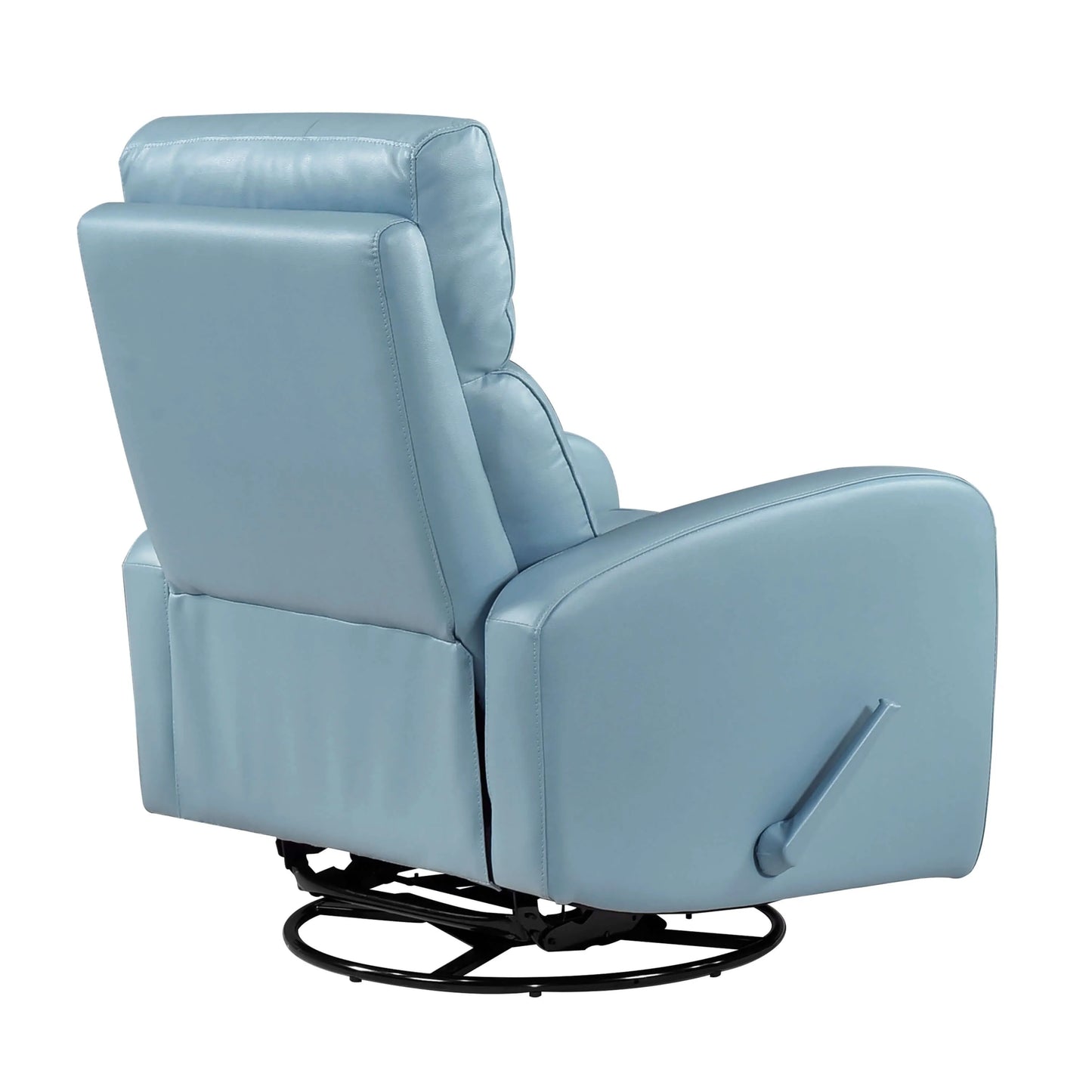 Back side view of a blue recliner chair with black swivel base on a white background